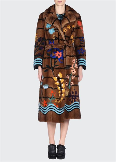 Fendi Floral Intarsia Mink Fur Coat, Brown/multi In Brown Multi